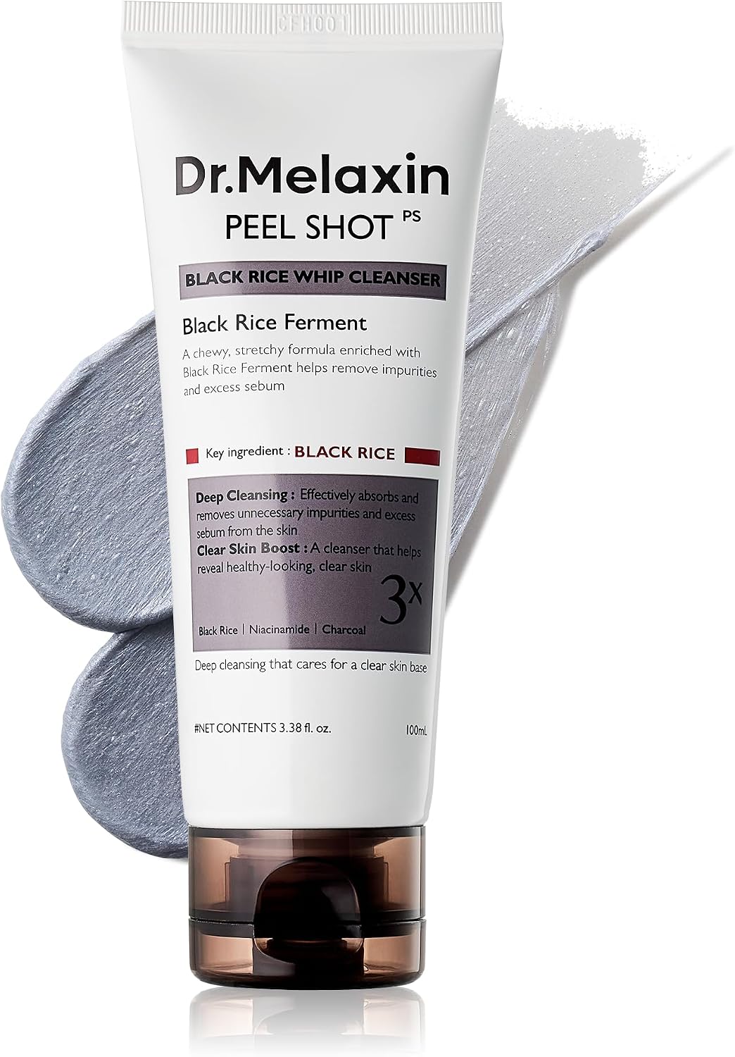Dr.Melaxin Peel Shot Black Rice Mochi Whip Cleanser 100ml formulated for blackheads, clogged pores, excess sebum, and dull skin